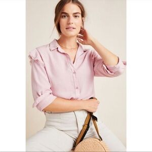 Anthropologie Cloth & Stone Pink Ruffle Fringe Boho Button Down Shirt NWOT